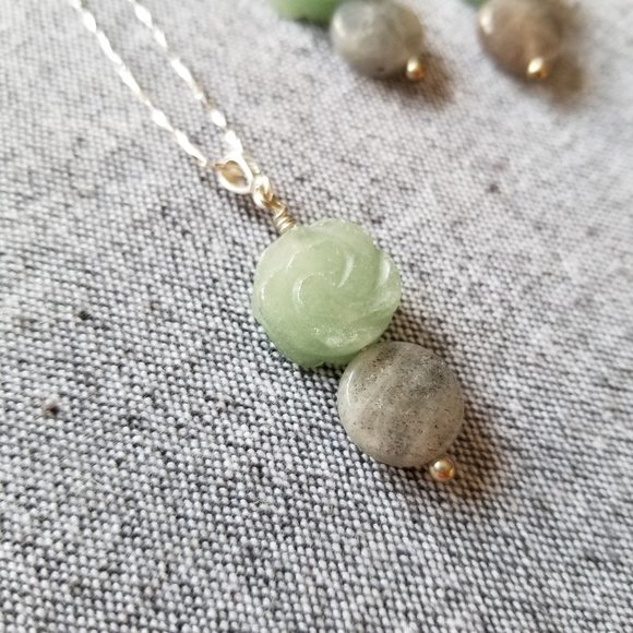 Labradorite and green agate sterling silver gemstone earrings and necklace - Picture 4 of 6